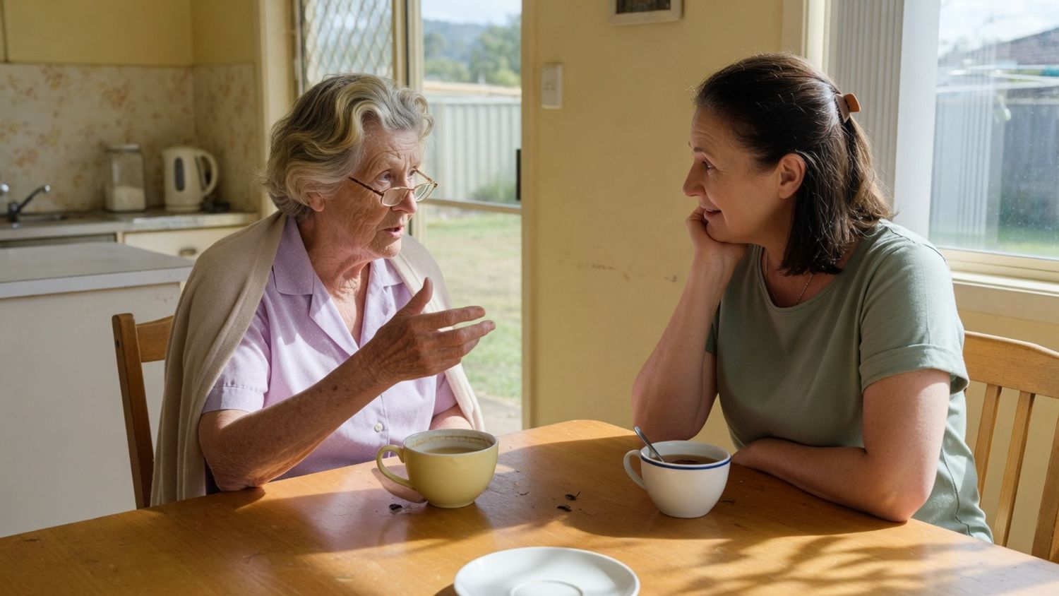 An older woman and her daughter talking over tea at a kitchen table while comparing Support at Home prices