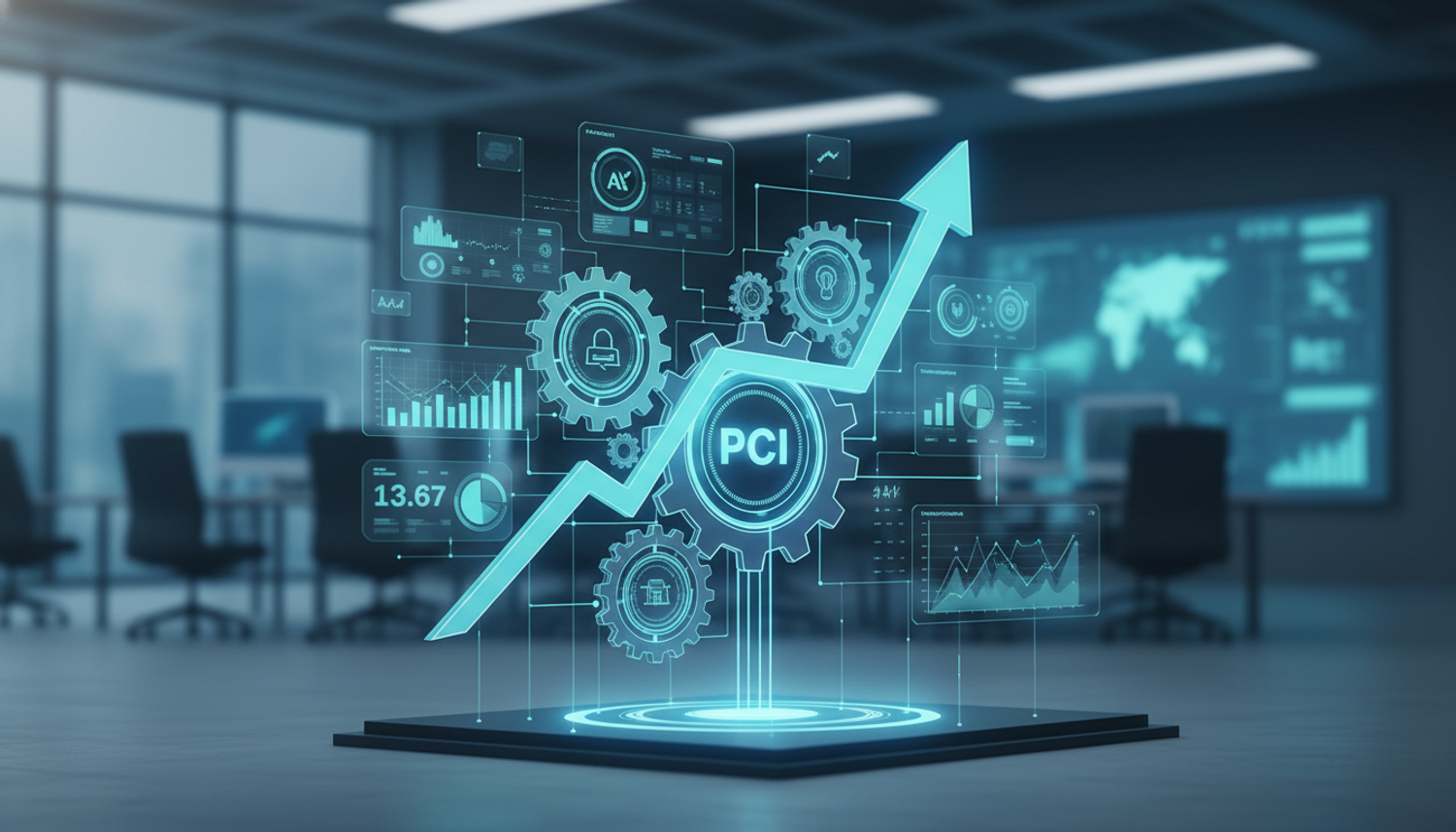 A glowing blue arrow pointing upwards, surrounded by gears and data displays, with the letters "PCI" prominently featured. The background is a modern office setting, slightly blurred.