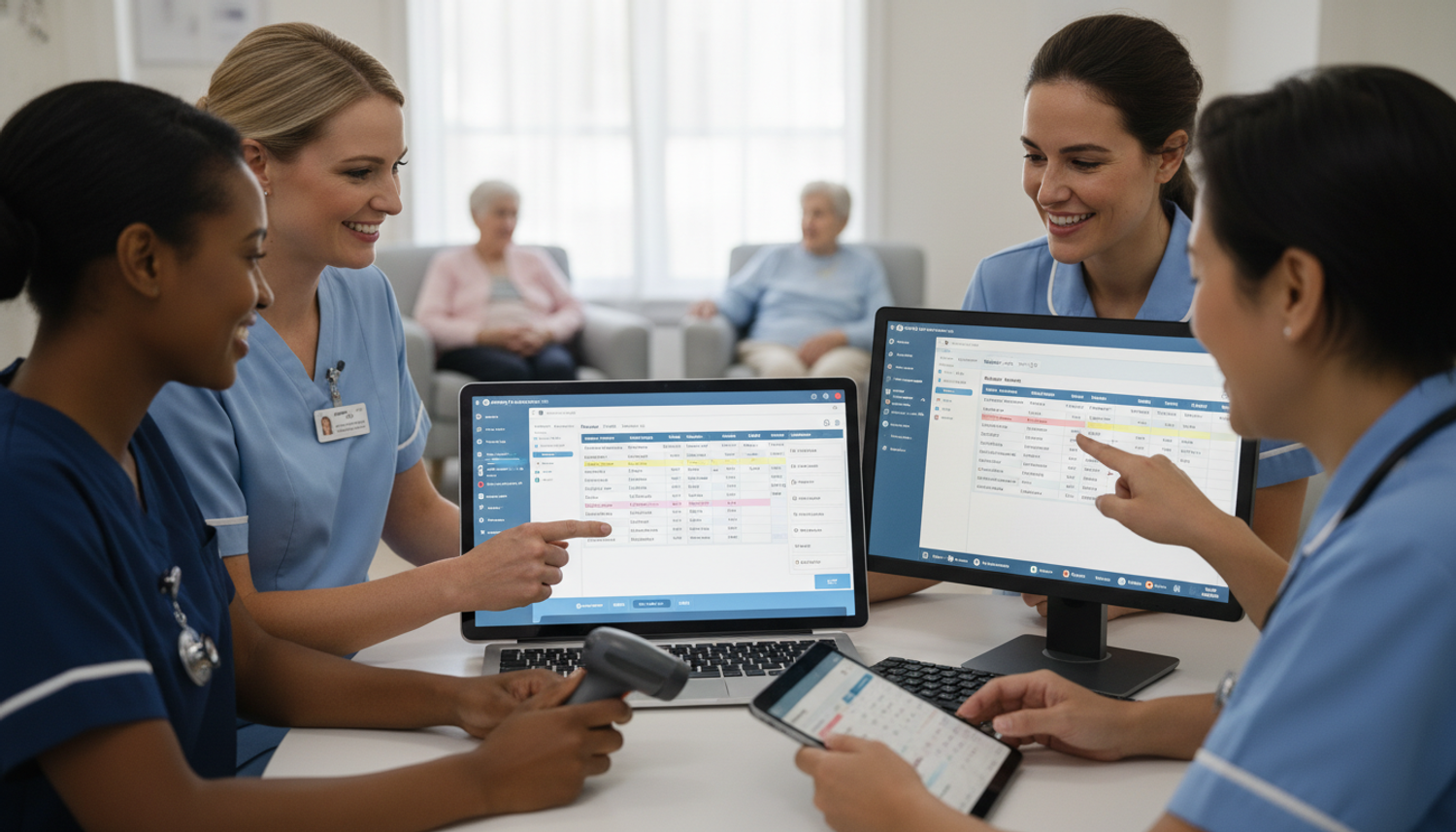 Aged care staff collaborating around computers and tablets, reviewing electronic medication management system data in a modern care facility.