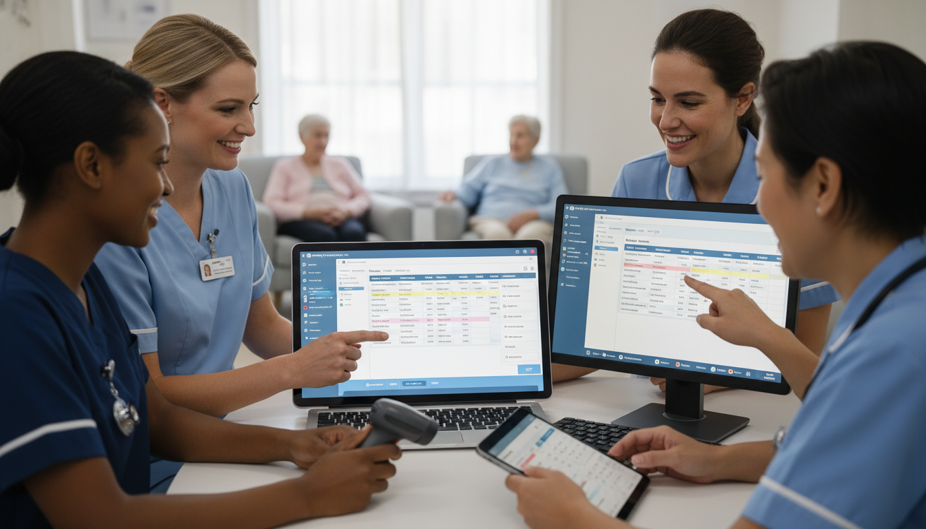 Aged care staff collaborating around computers and tablets, reviewing electronic medication management system data in a modern care facility.