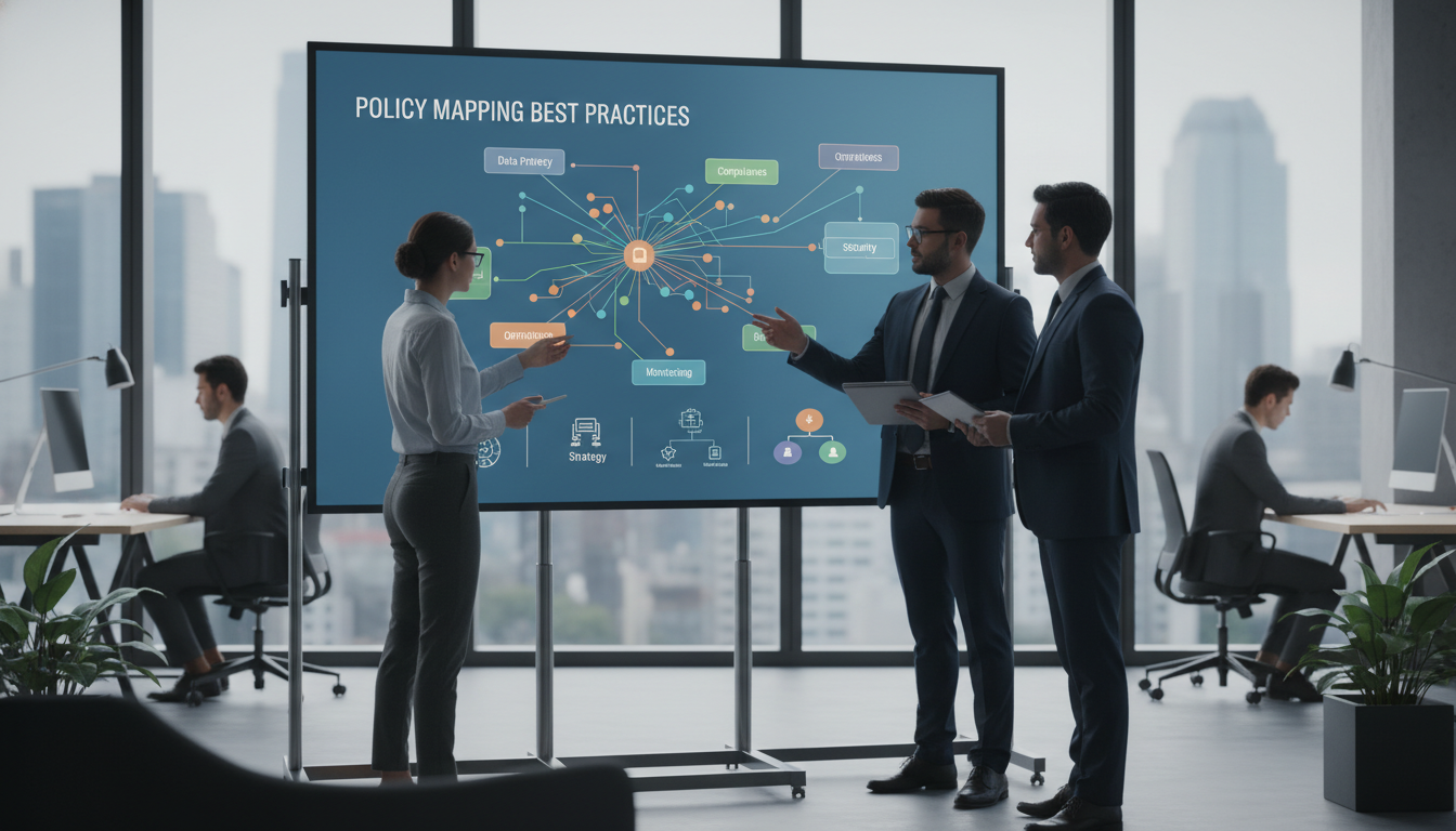 Team discussing policy mapping on large digital display.