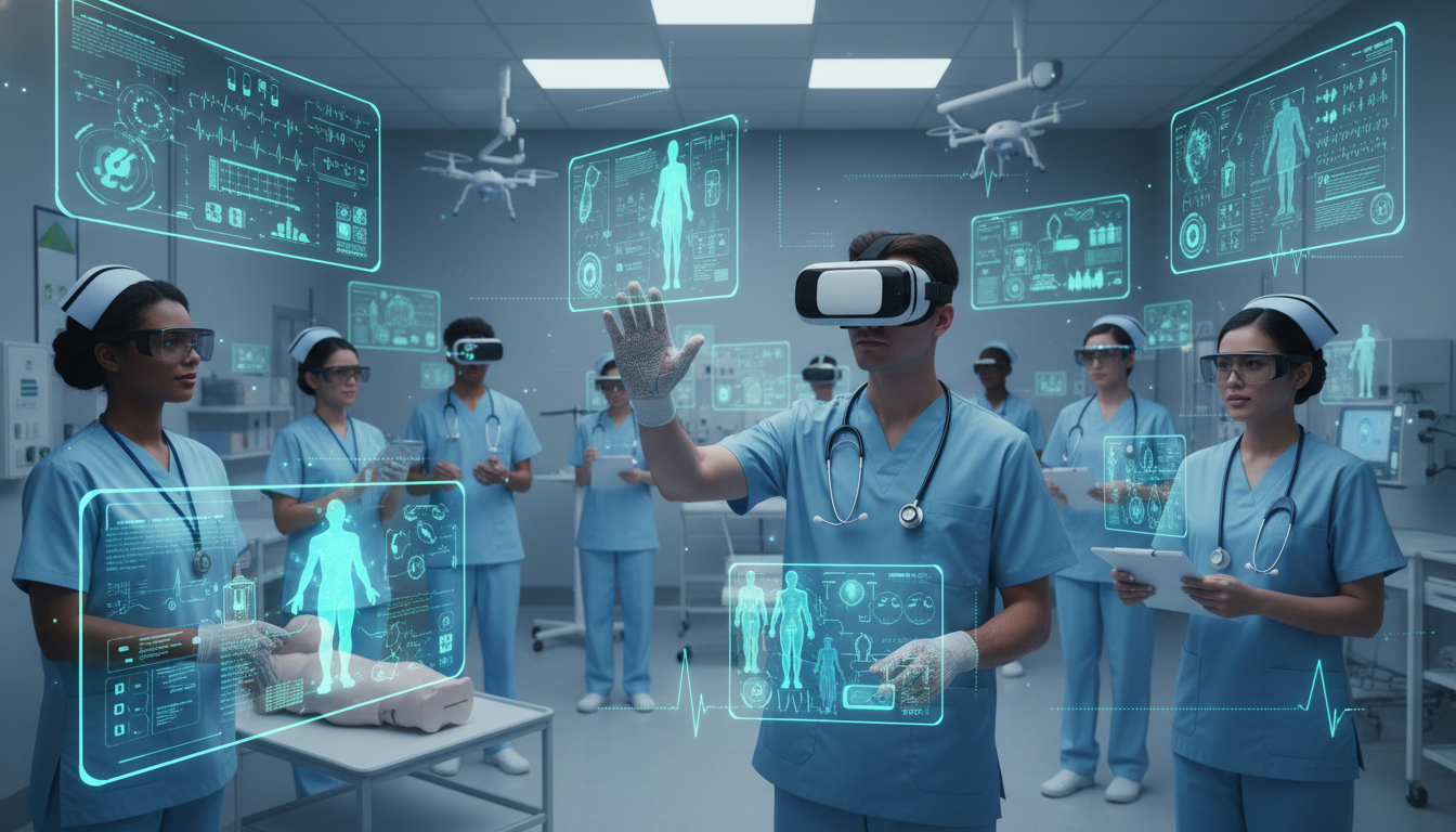 Healthcare AI VR training for nurses in a digital lab.