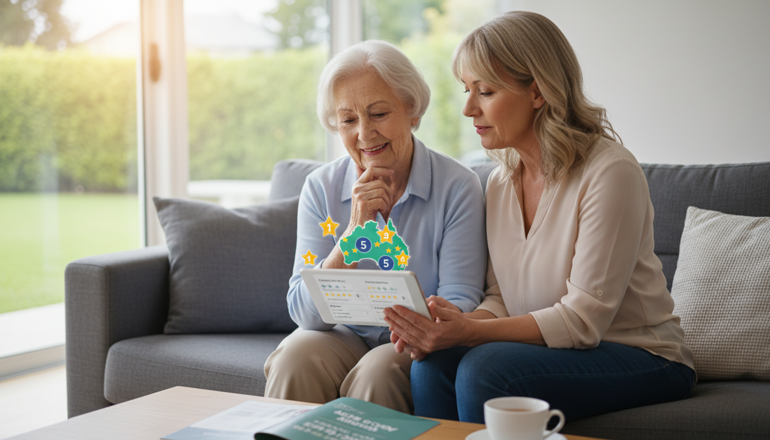An older woman and a middle-aged woman sitting on a couch, looking at a tablet displaying aged care star ratings with an overlay of a map of Australia and stars.
