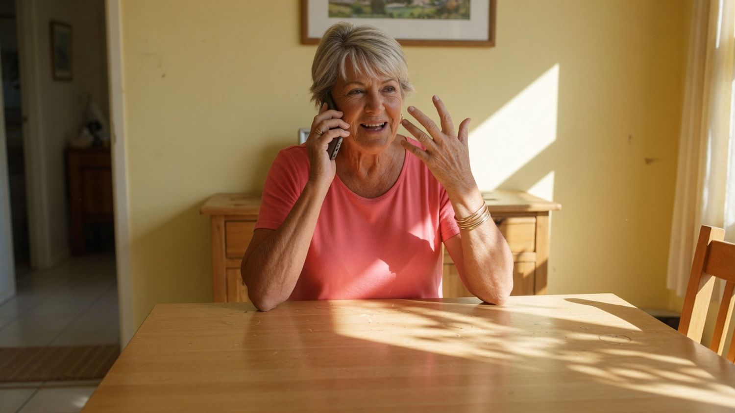 An older woman sitting at her dining table making a phone call and gesturing as she speaks