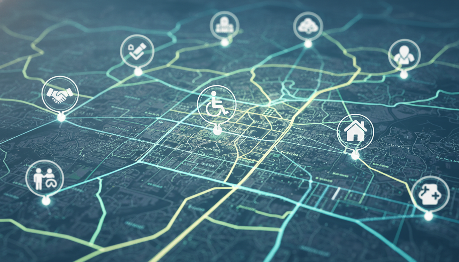 Smart city technology map showing urban service icons.