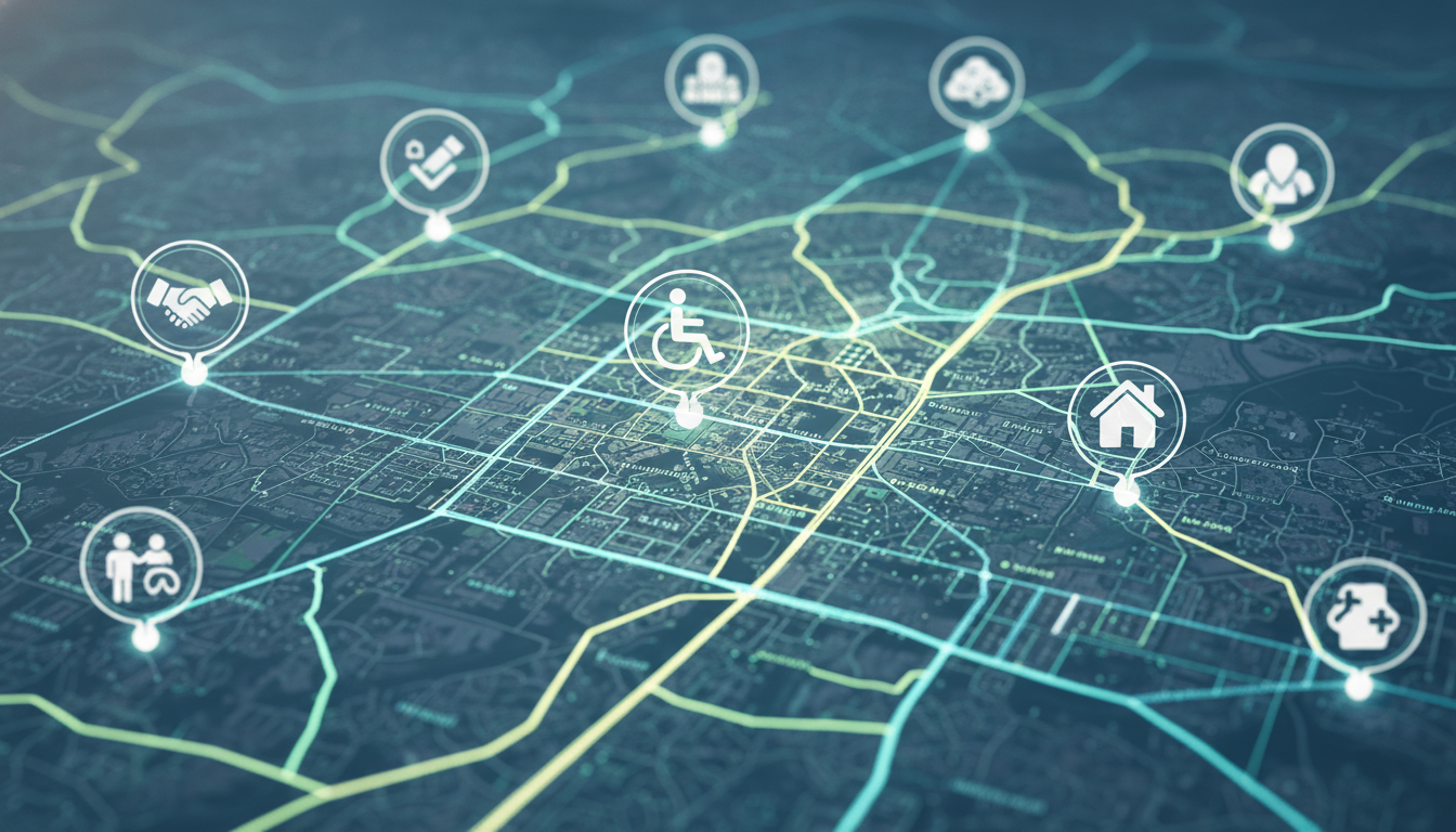 Smart city technology map showing urban service icons.