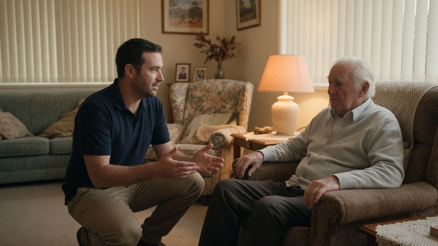A support worker calmly de-escalating changed behaviours by speaking at eye level with an older man at home