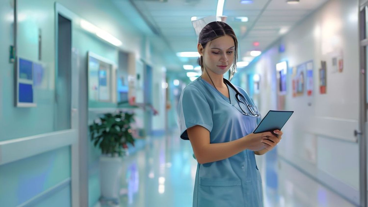 A nurse using a tablet to review patient data in a modern healthcare setting.
