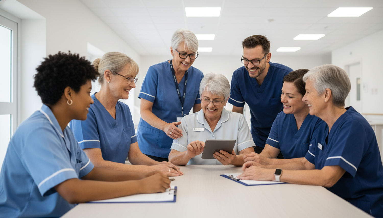  A group of diverse aged care professionals in uniforms smiling and collaborating around a tablet at a table in a modern facility.