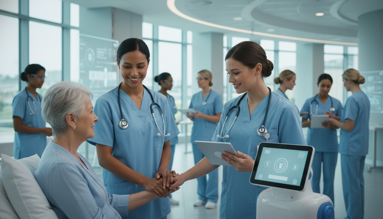 Healthcare AI robot with nurses caring for a senior.