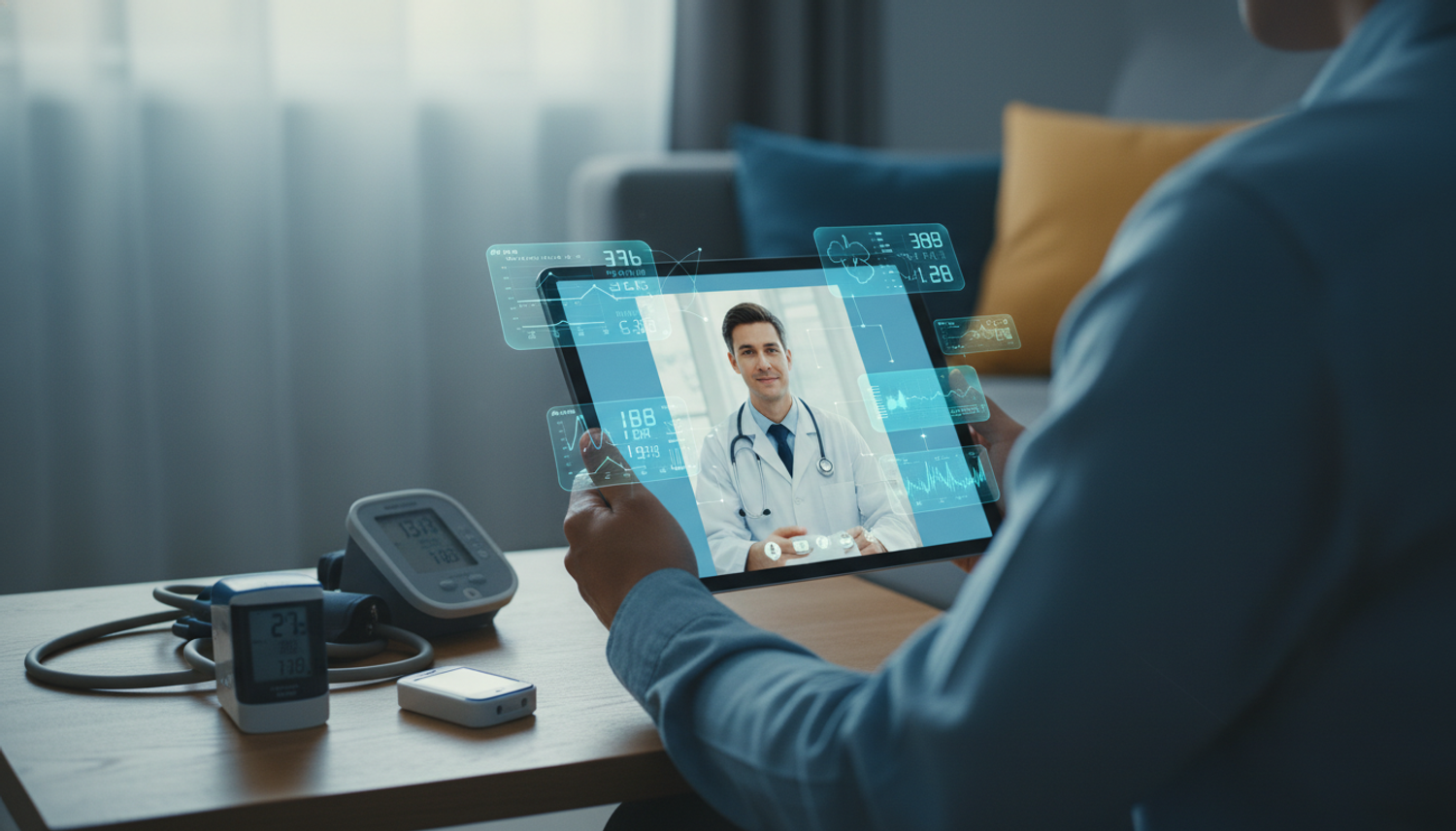 Patient uses virtual care tablet for doctor consultation.