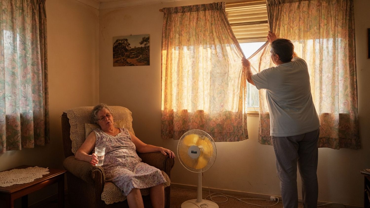 A support worker closing the curtains against the afternoon sun while an older woman rests beside a fan during a heatwave