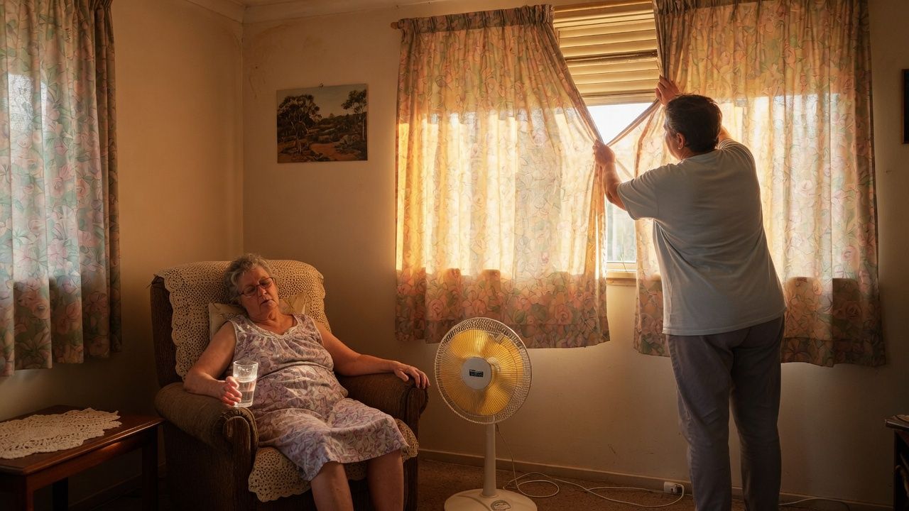 A support worker closing the curtains against the afternoon sun while an older woman rests beside a fan during a heatwave
