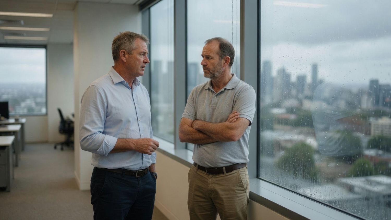 Two managers standing in serious conversation beside a large office window
