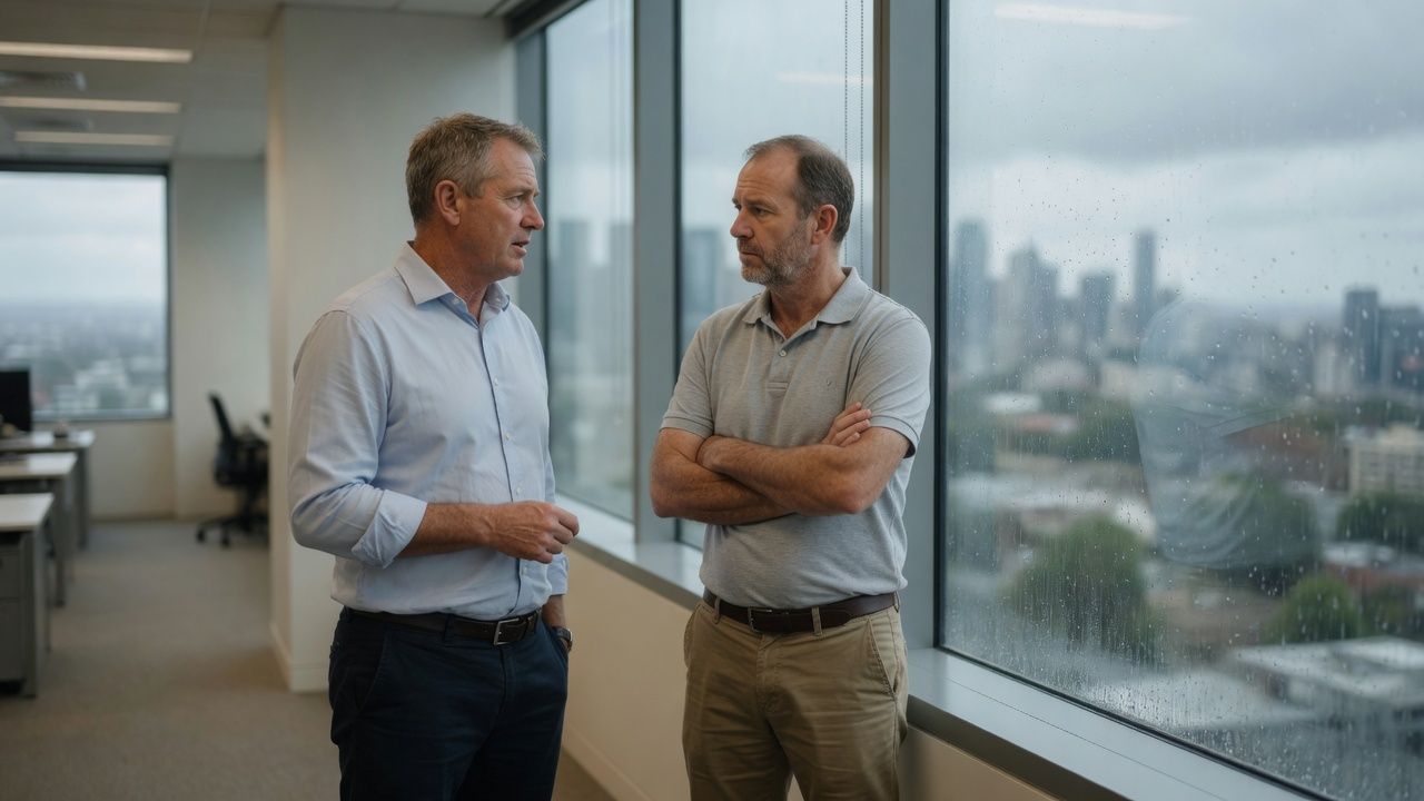 Two managers standing in serious conversation beside a large office window
