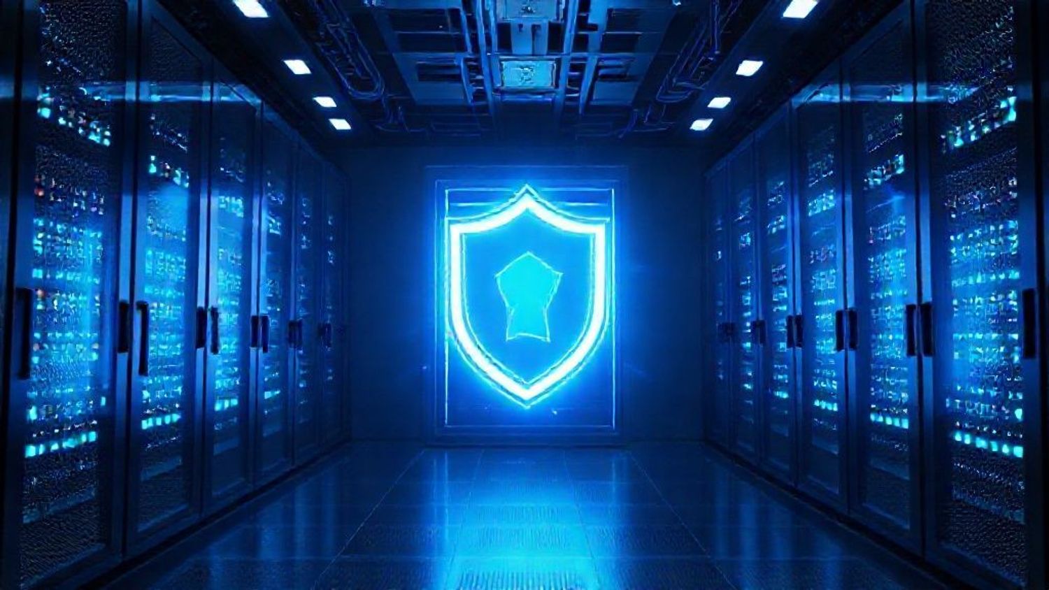 Cybersecurity shield glowing in a data center server room.