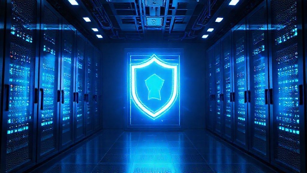 Cybersecurity shield glowing in a data center server room.