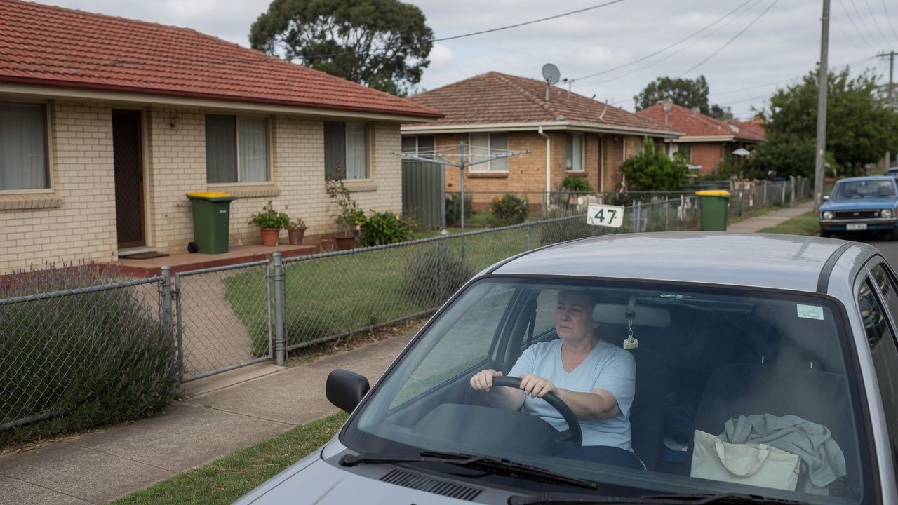 Care worker pausing thoughtfully in a parked car outside a client's home