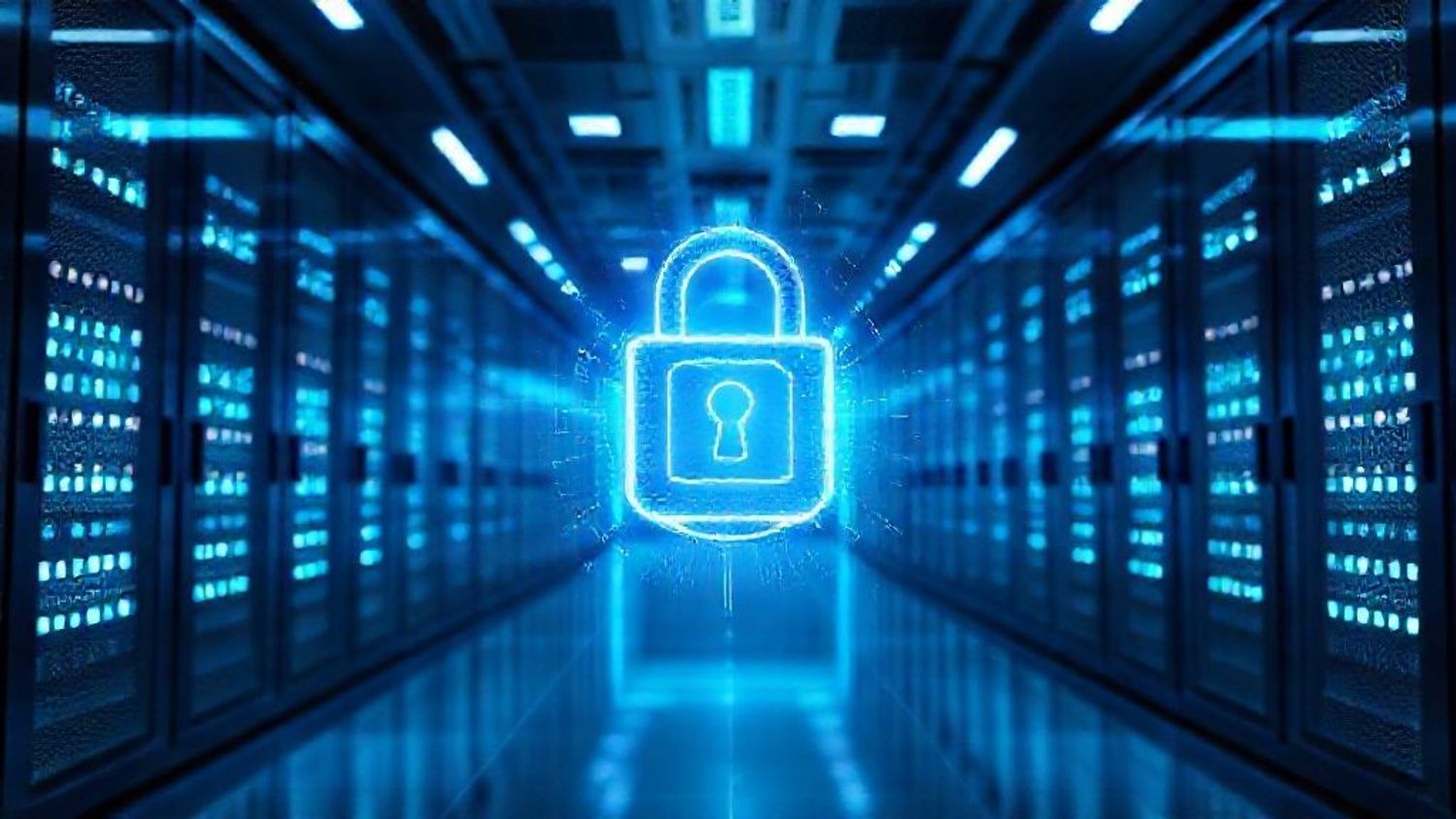 Cybersecurity padlock glowing in a blurred server room.