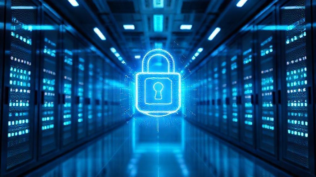 Cybersecurity padlock glowing in a blurred server room.