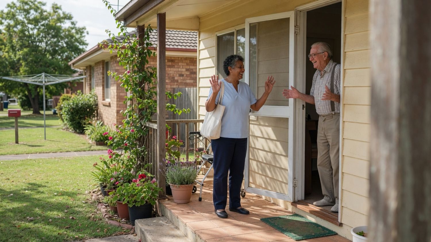 Support worker being greeted at the front door of a client's home