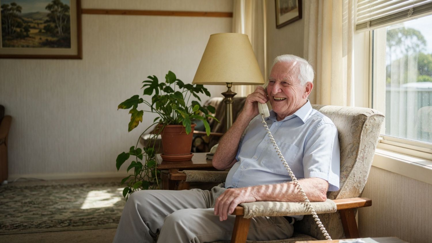 An elderly home care participant smiling in an armchair by a sunny window while talking on a corded landline phone