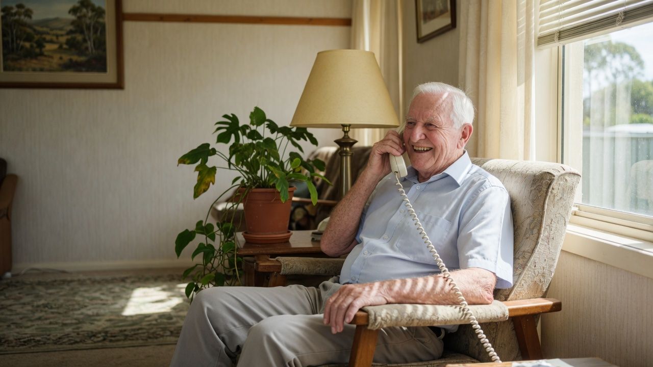An elderly home care participant smiling in an armchair by a sunny window while talking on a corded landline phone