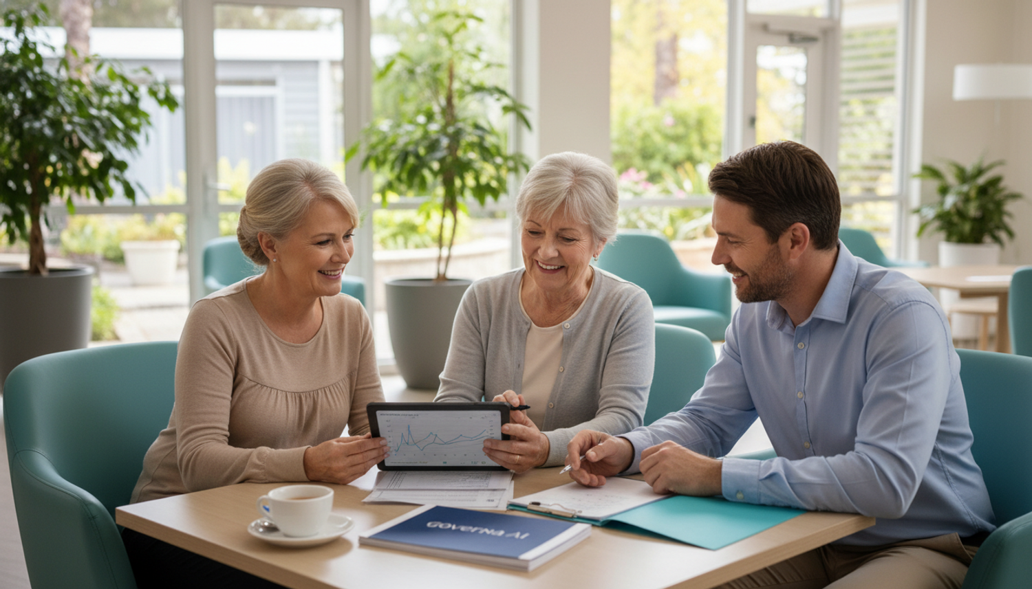 Two older women and a man sitting at a table looking at a tablet with graphs and documents, discussing aged care options.