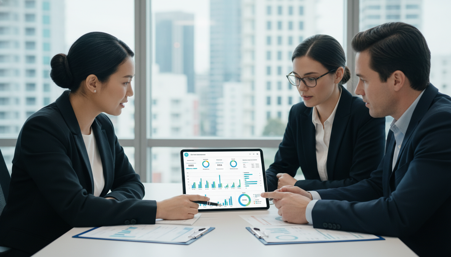 Three professionals in business attire looking at data on a tablet, with city buildings visible through a window in the background.