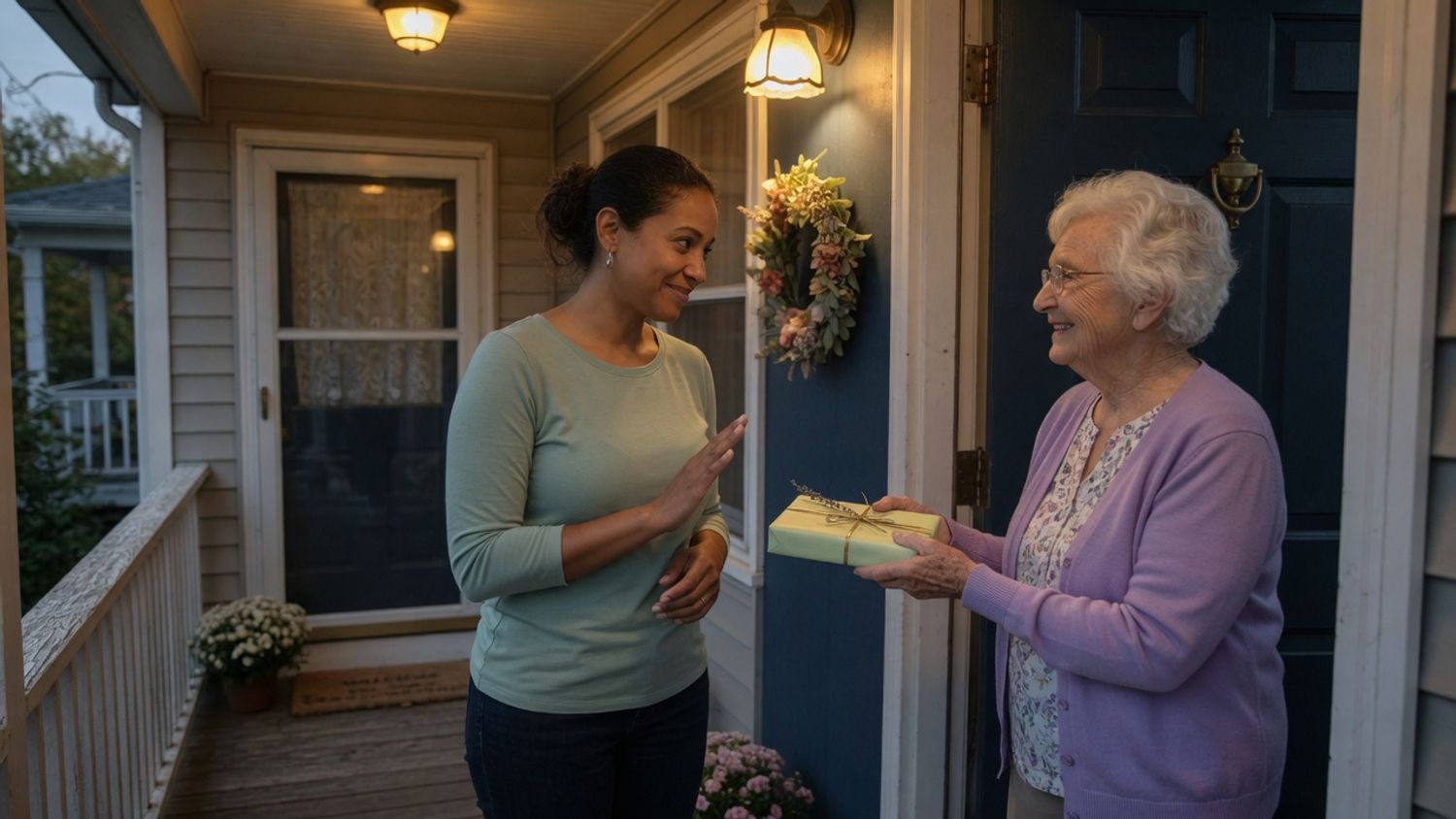 Home care worker at a front door politely declining a small wrapped parcel offered by a smiling elderly woman