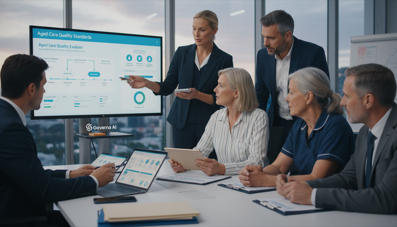 A group of aged care professionals in a meeting room, looking at a screen displaying a presentation about aged care quality standards and compliance, with one woman pointing to the screen.