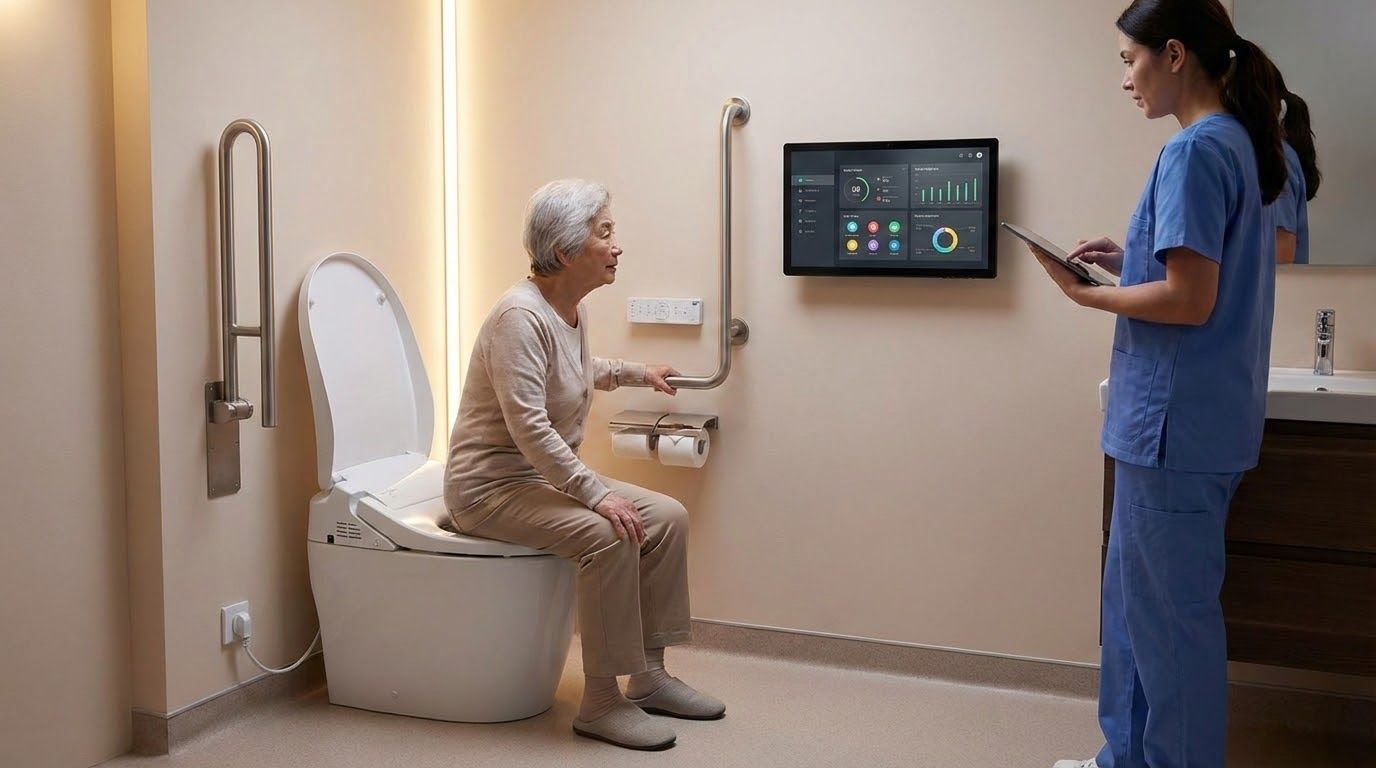 Healthcare AI toilet monitors health data for senior.