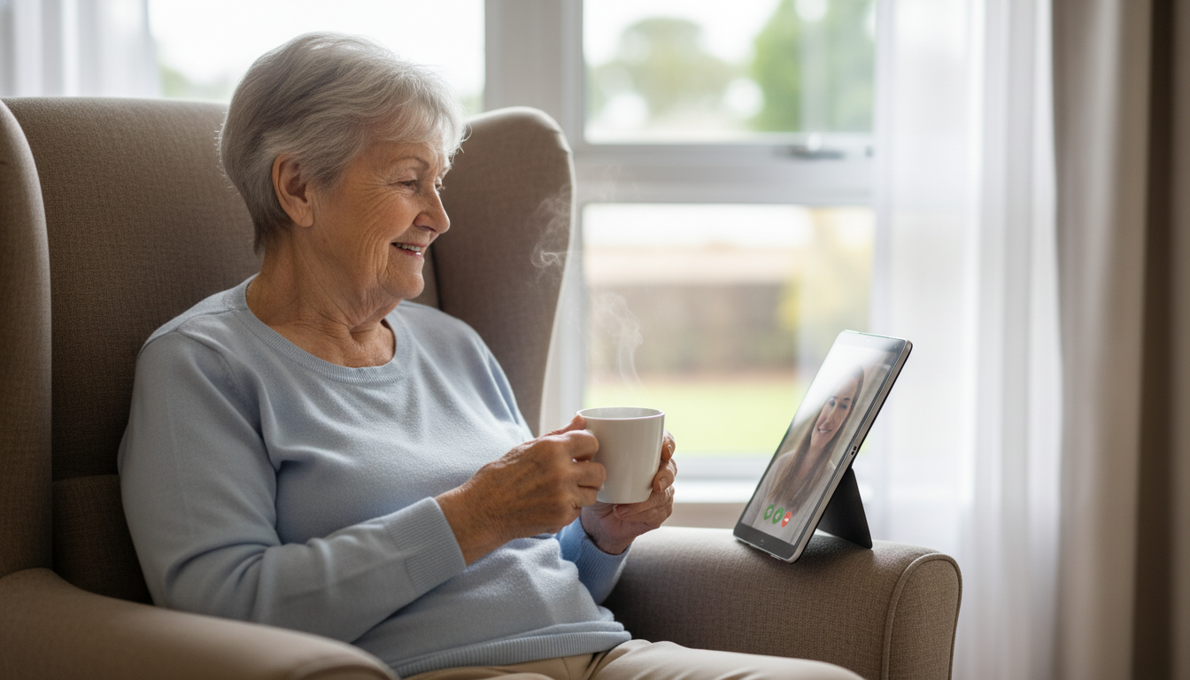 An elderly woman with short grey hair smiles while holding a cup of tea and video chatting on a tablet. She is sitting in a comfortable armchair by a window.