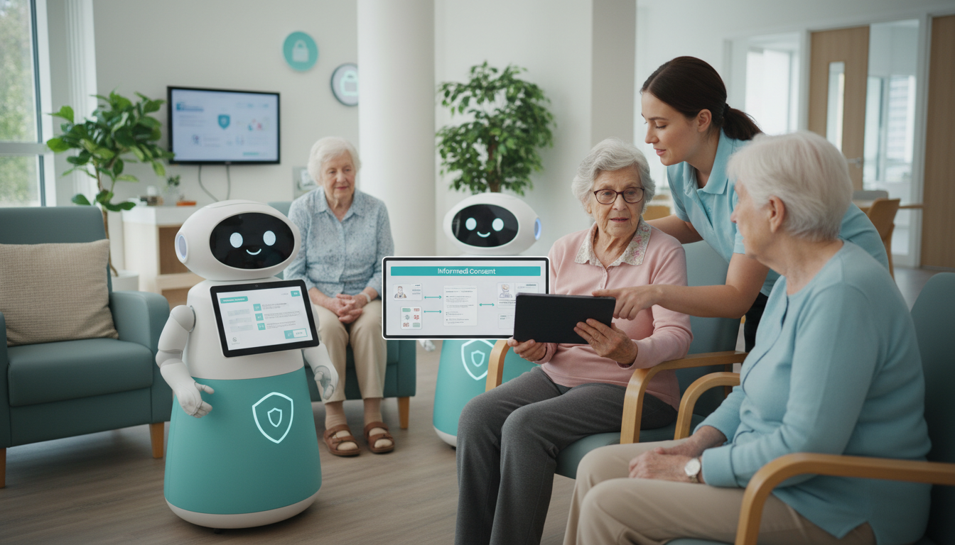 Medical AI robots assisting elderly in care home.
