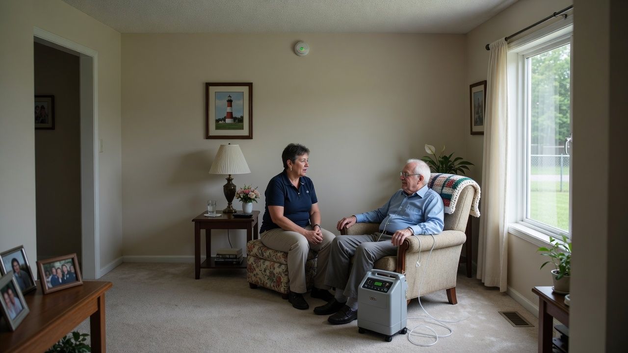 Home care worker talking with an older client in an armchair beside a portable oxygen concentrator, with a smoke alarm on the ceiling, illustrating home oxygen safety in home care