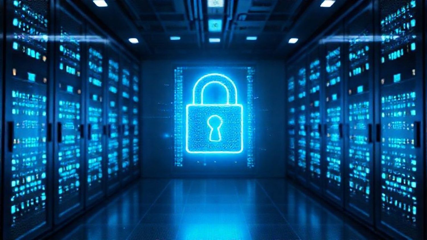 Cybersecurity padlock glowing in a server room aisle.