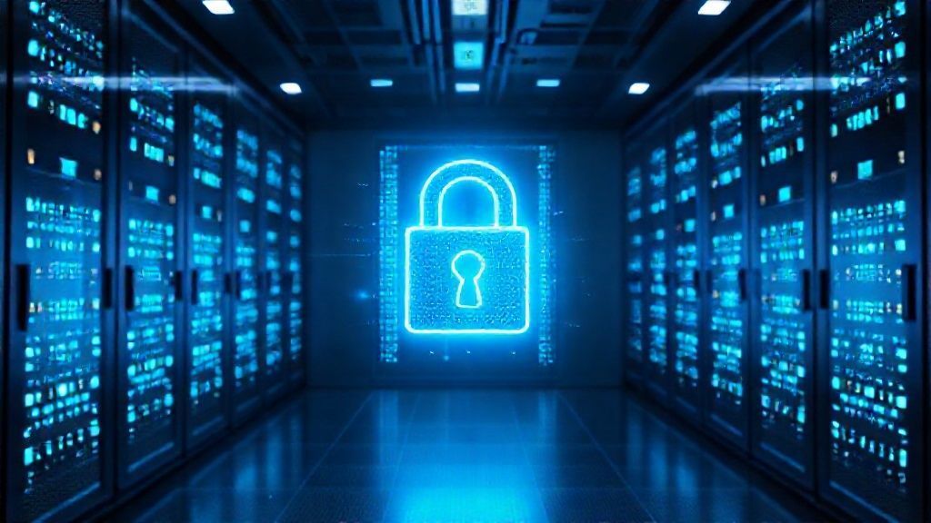Cybersecurity padlock glowing in a server room aisle.