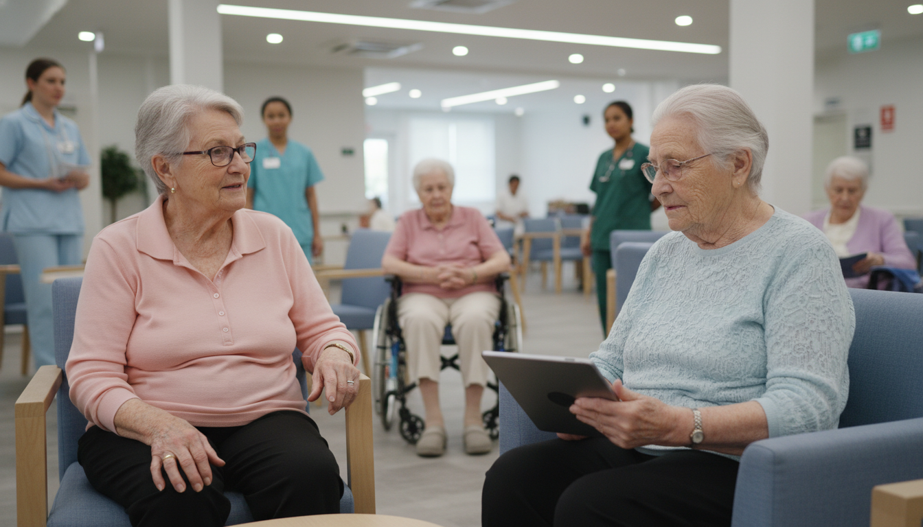 Two elderly women sitting in a modern aged care facility, one holding a tablet. Care staff are visible in the background.