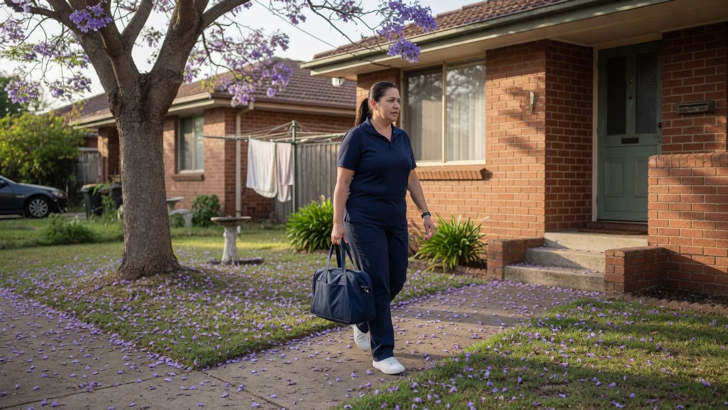 A home care nurse arriving at a client's home, representing the aged care workforce affected by 2026 wage increases