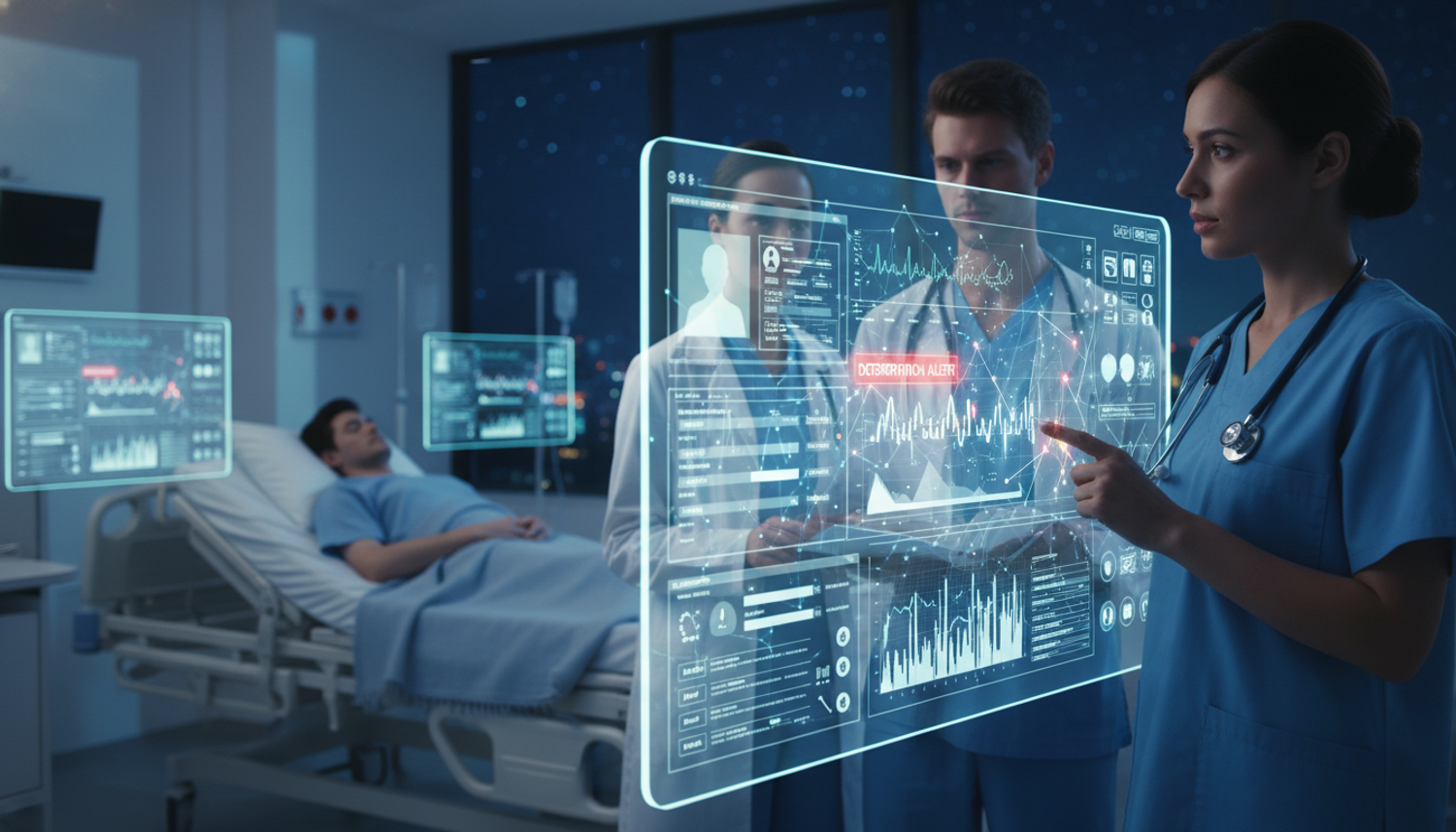 Healthcare data monitoring via digital screen at night.