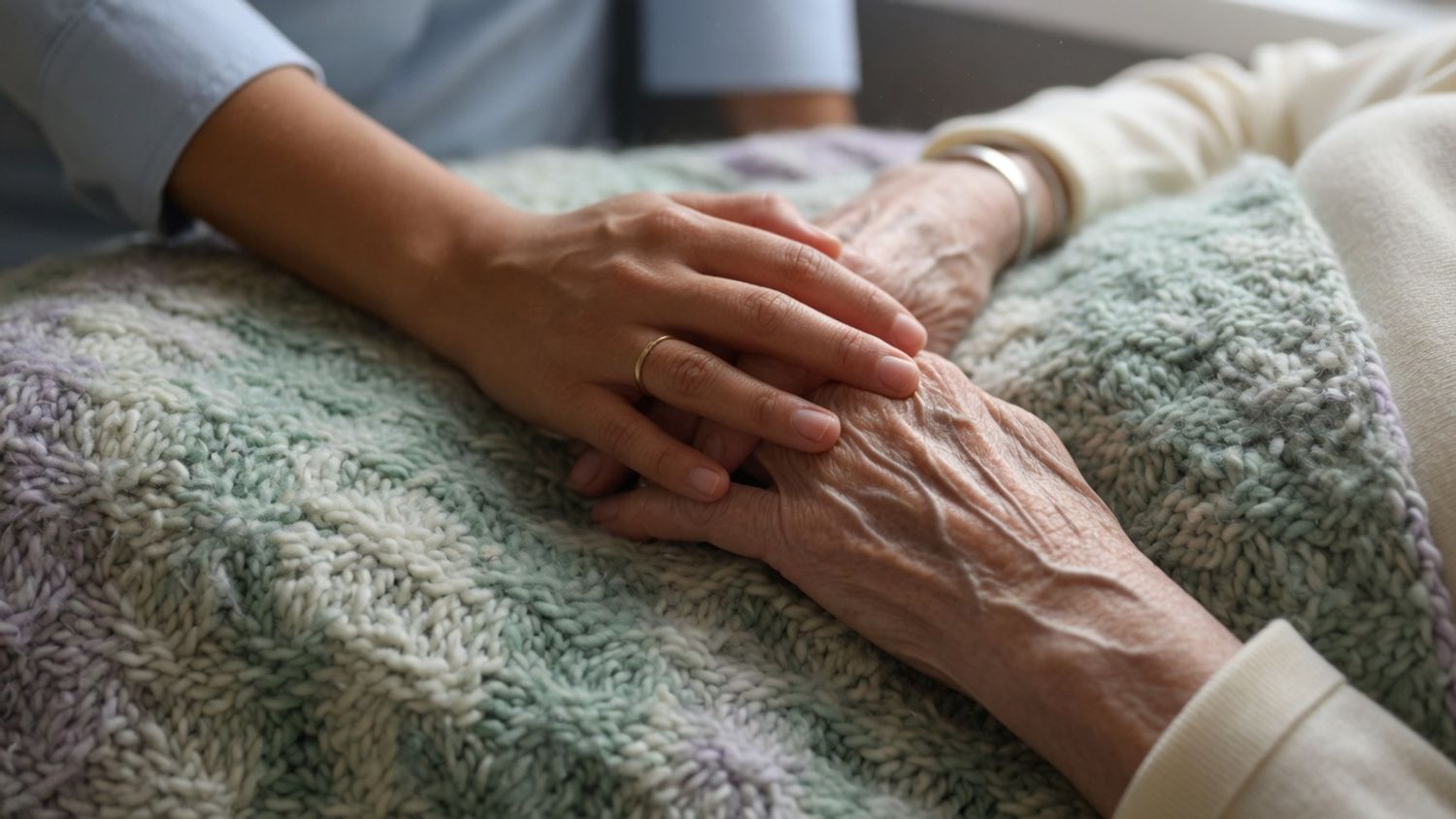 A younger person's hand resting gently on an elderly person's hand on a knitted blanket