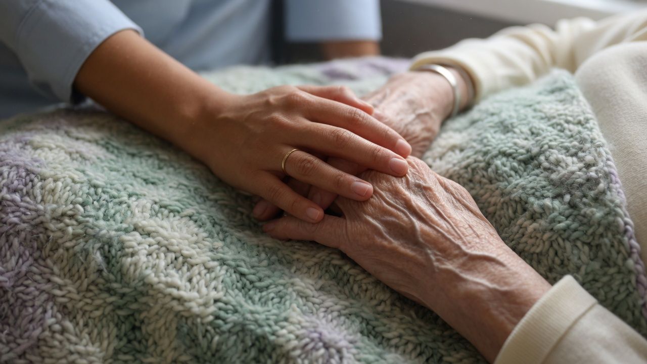 A younger person's hand resting gently on an elderly person's hand on a knitted blanket