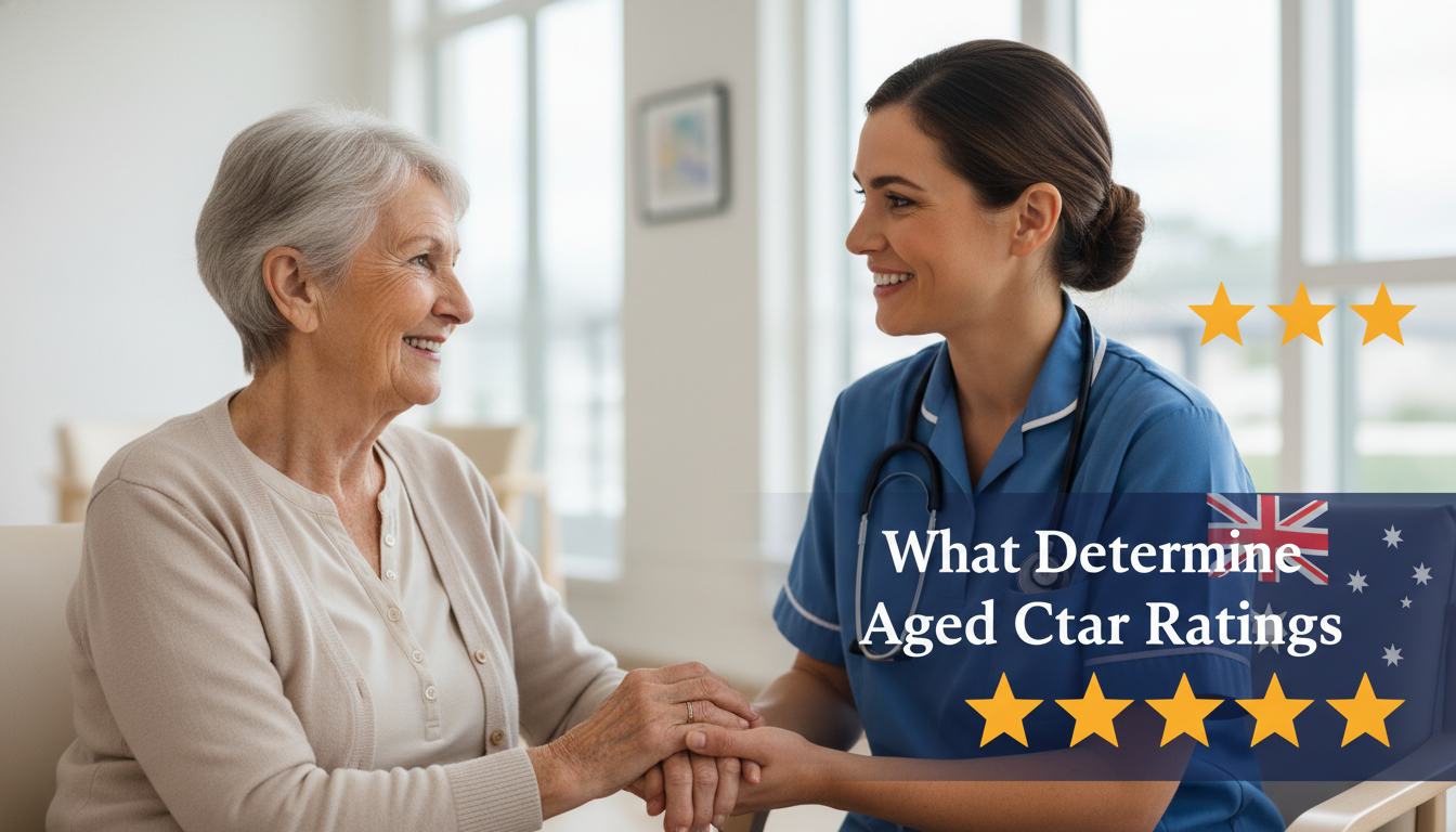 An aged care resident smiling and holding hands with a caring nurse, with star ratings and an Australian flag graphic.