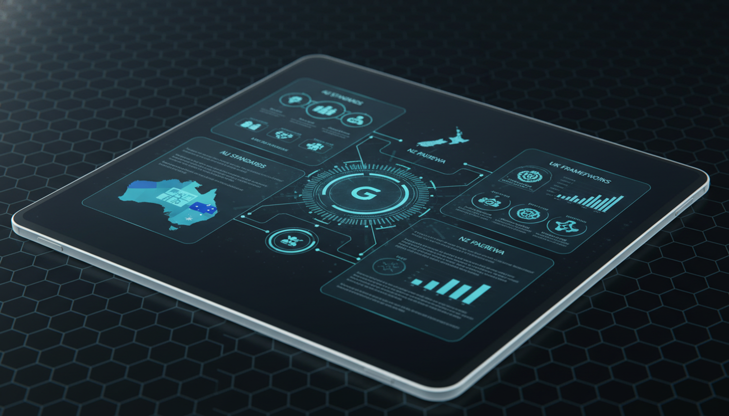 A digital tablet displaying a holographic interface with maps of Australia, New Zealand, and the UK, surrounded by various compliance icons and data visualizations, representing multi-jurisdictional standards.