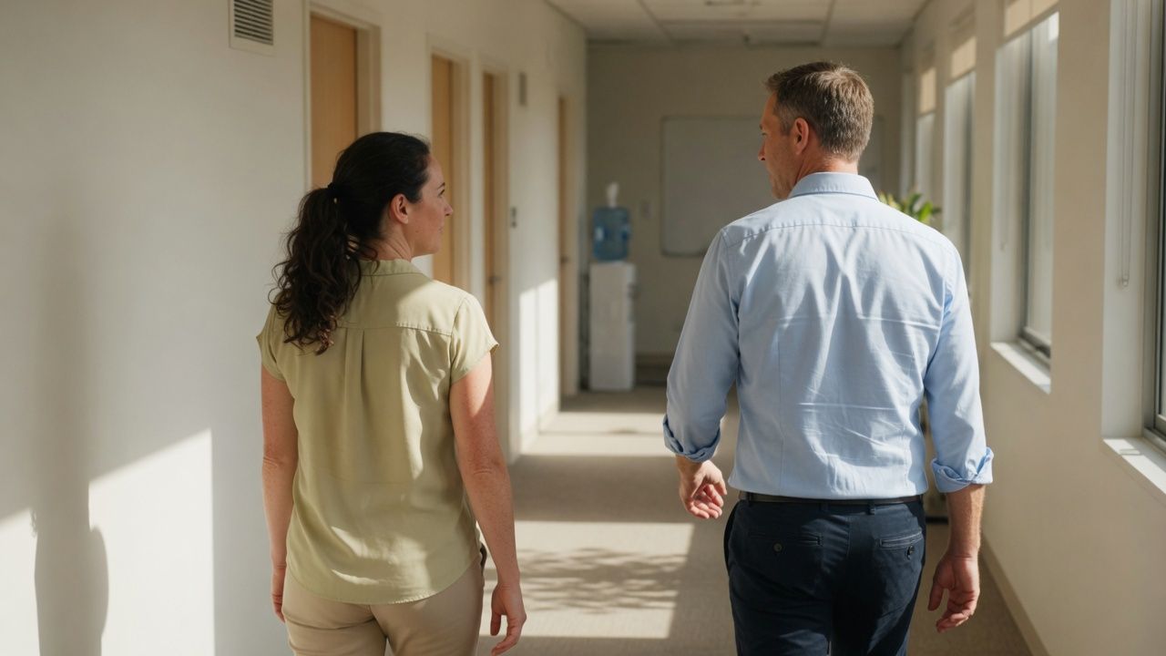 Two colleagues walking away down a sunlit office corridor in conversation