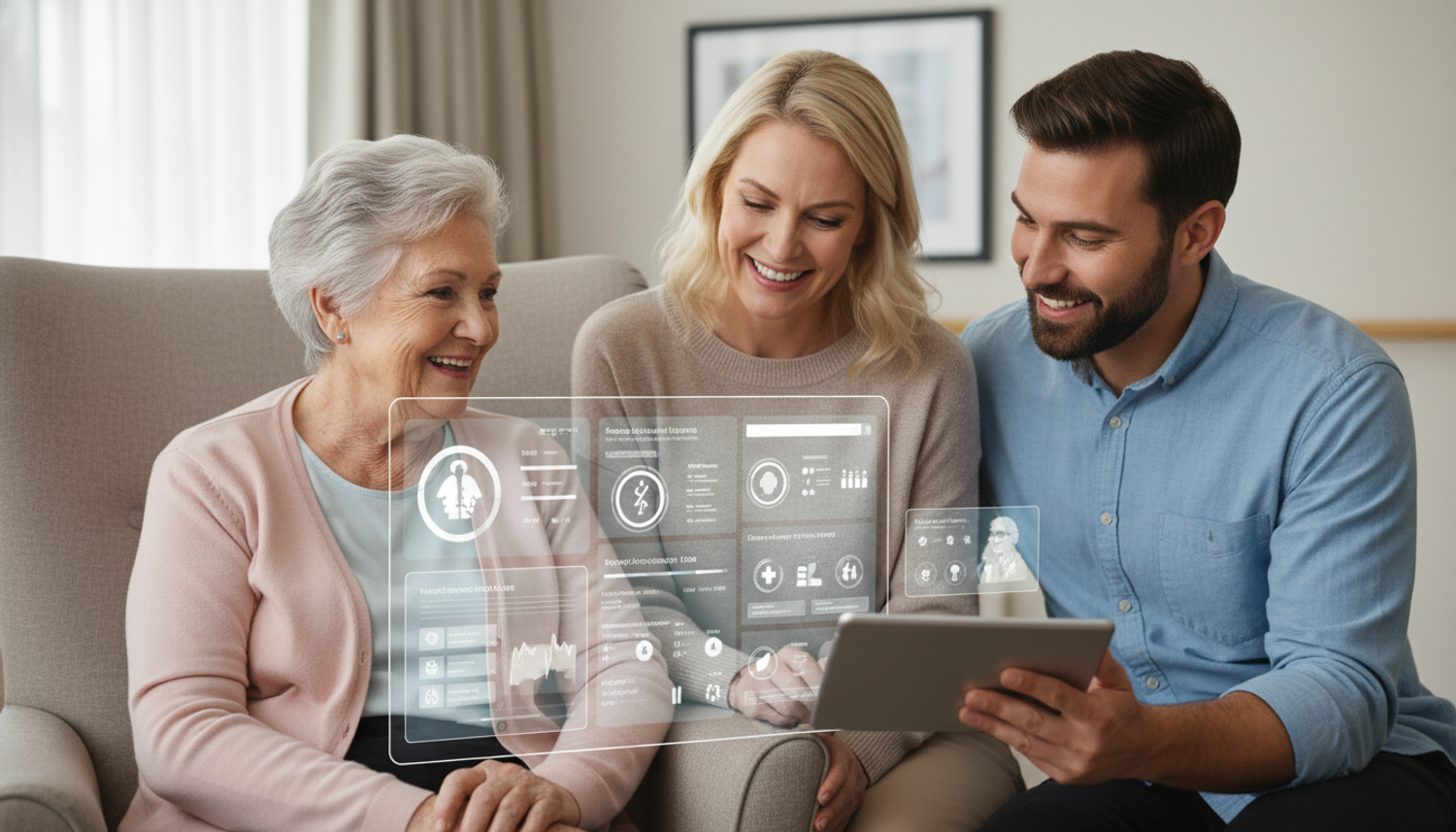  A family looking at digital care information on a tablet.