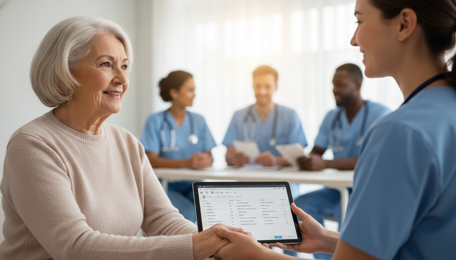 Senior patient smiling while nurse shows care plan on tablet.