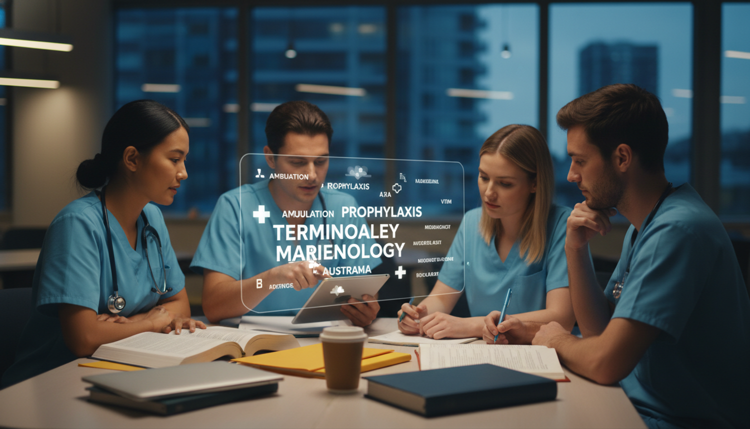 Four medical students in scrubs studying together, with a holographic overlay displaying medical terms like "ambulation" and "prophylaxis" above their table.