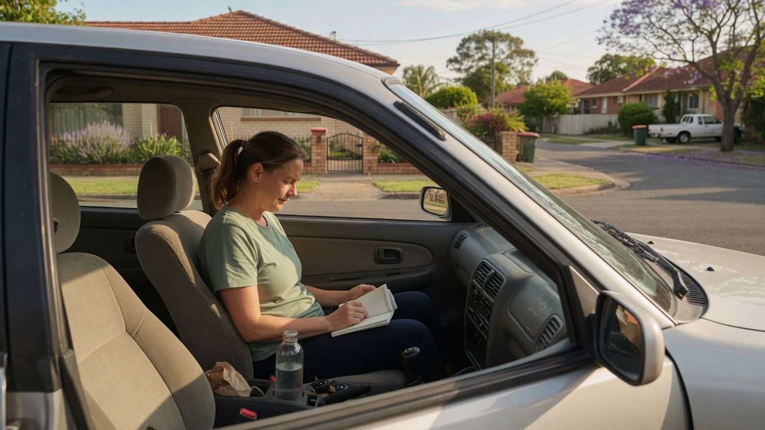 Support worker sitting in her car after a home visit