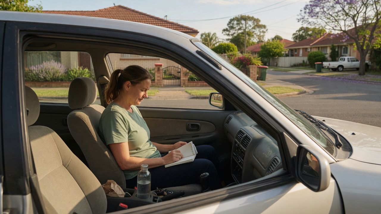 Support worker sitting in her car after a home visit